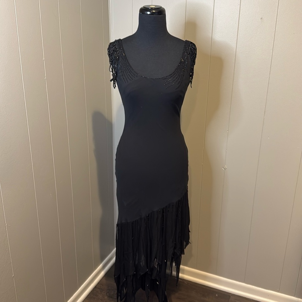 Nina Canacci Women’s 8 Asymmetrical Sleeveless Beaded Silk Fitted Midi Dress